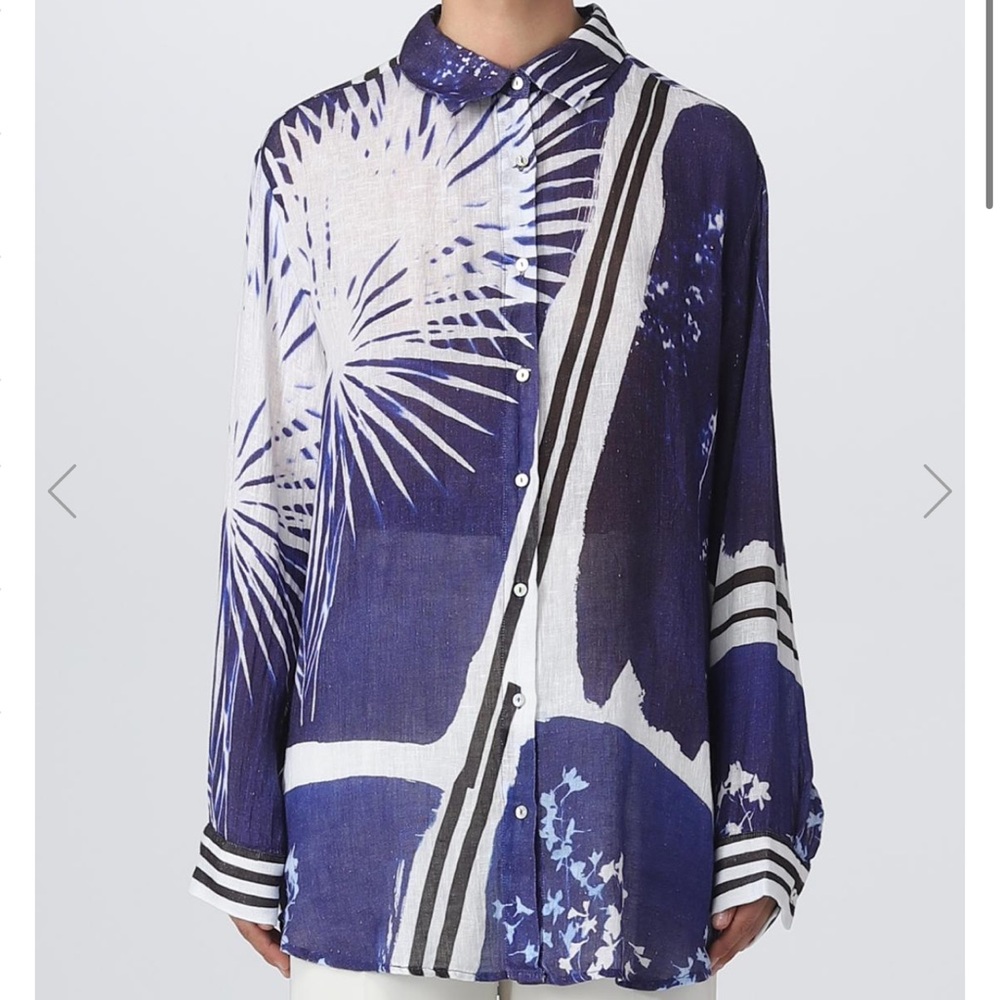 Mes Demoiselles Paris Oversized Linen Cobalt Blue White Button Down Shirt US4/36